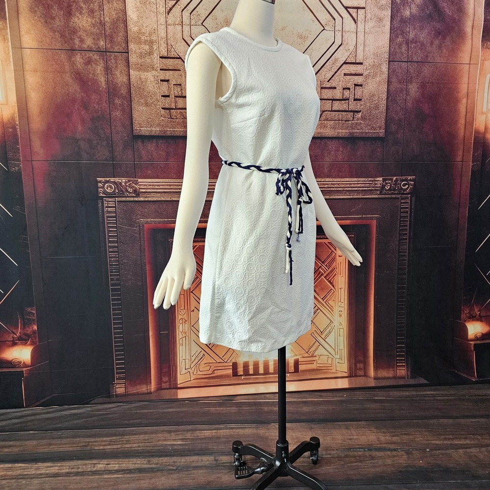 Vintage 1960's Dress Shift White Blue White Braided Belt Sleeveless Retro Pinup - Picture 2 of 13